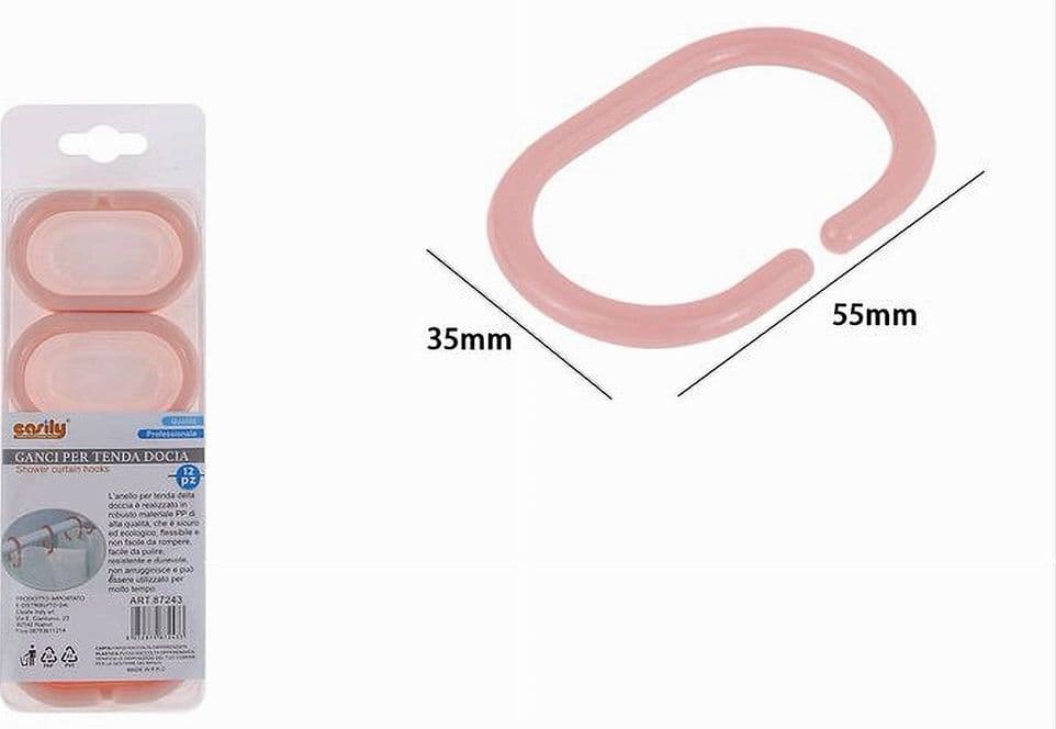 SET 12 PZ ANELLI GANCIO PER TENDA DA DOCCIA BOX BAGNO IN PLASTICA PP ROSA 87243 - 3