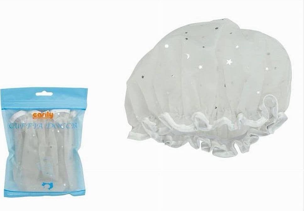 SET 2PZ CUFFIA DOCCIA BAGNO ELASTICO BORDINO BIANCO STELLE PROTEGGE CAPELLI 79606 - 2