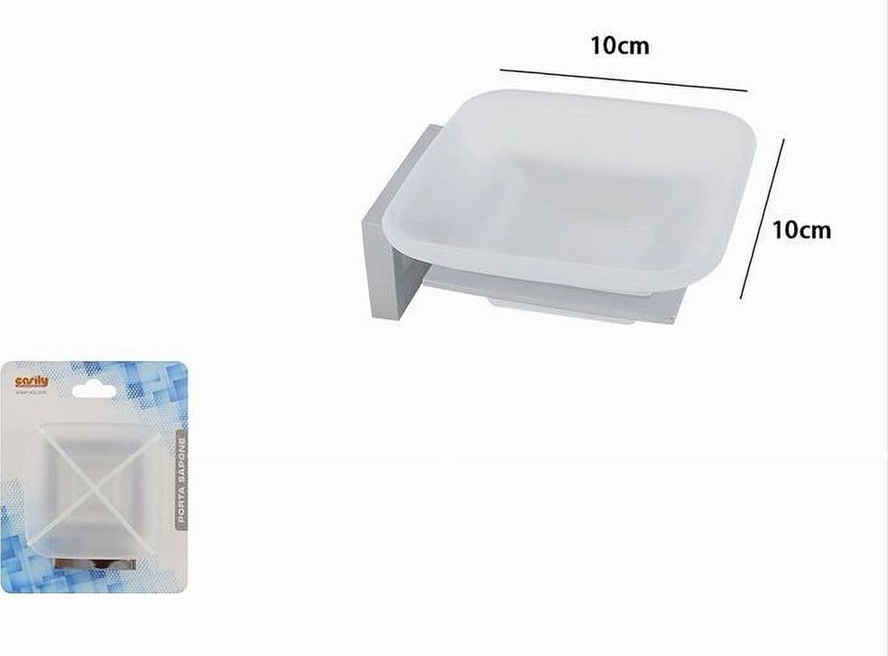 PORTA SAPONE IN ACCIAIO CON PIATTINO QUADRATO VETRO SATINATO PARETE BAGNO 87214 - 2
