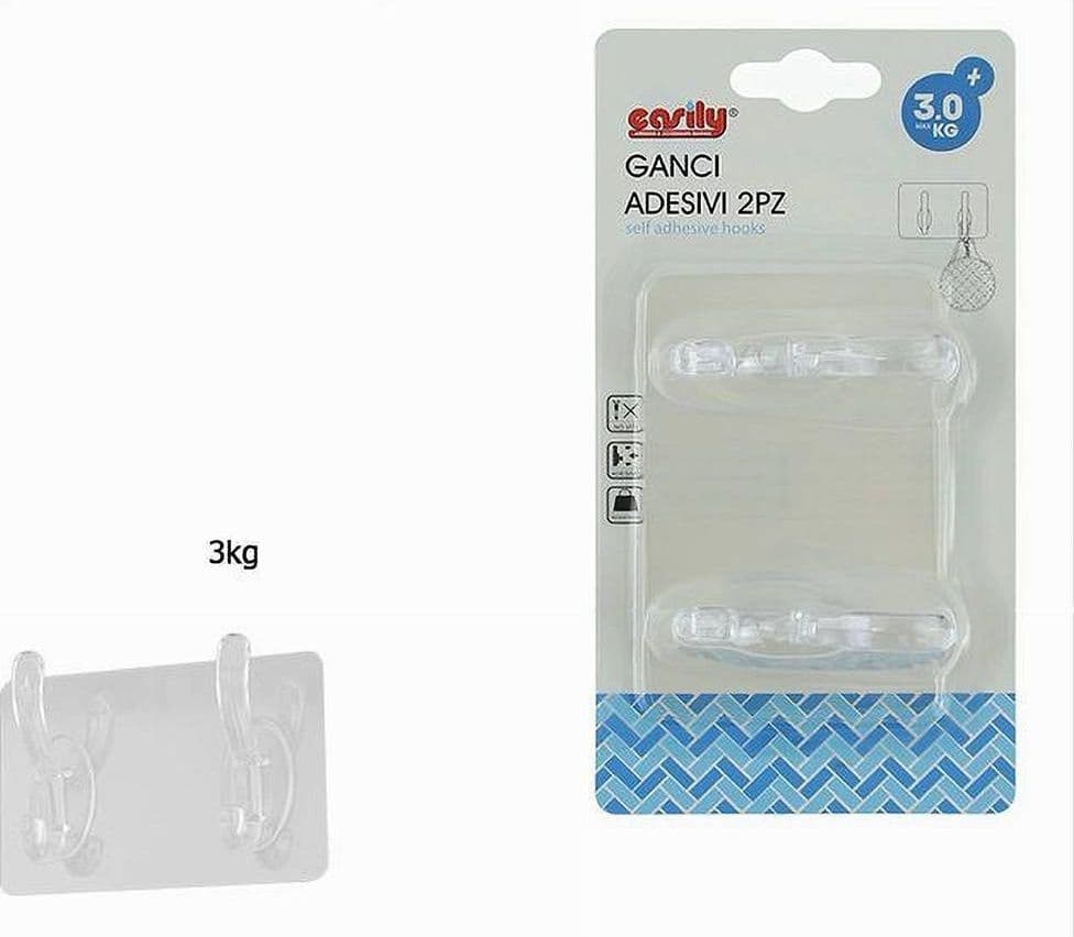 SET 2 PZ GANCI ADESIVI APPENDINO DOPPIO 2 POSTI CASA A PARETE TRASPARENTE 87759 - 2
