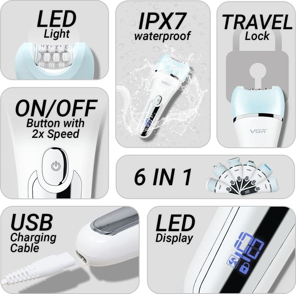 VGR V-733 Kit Epilatore Donna 6in1 Display LED Impermeabile Professionale - 9