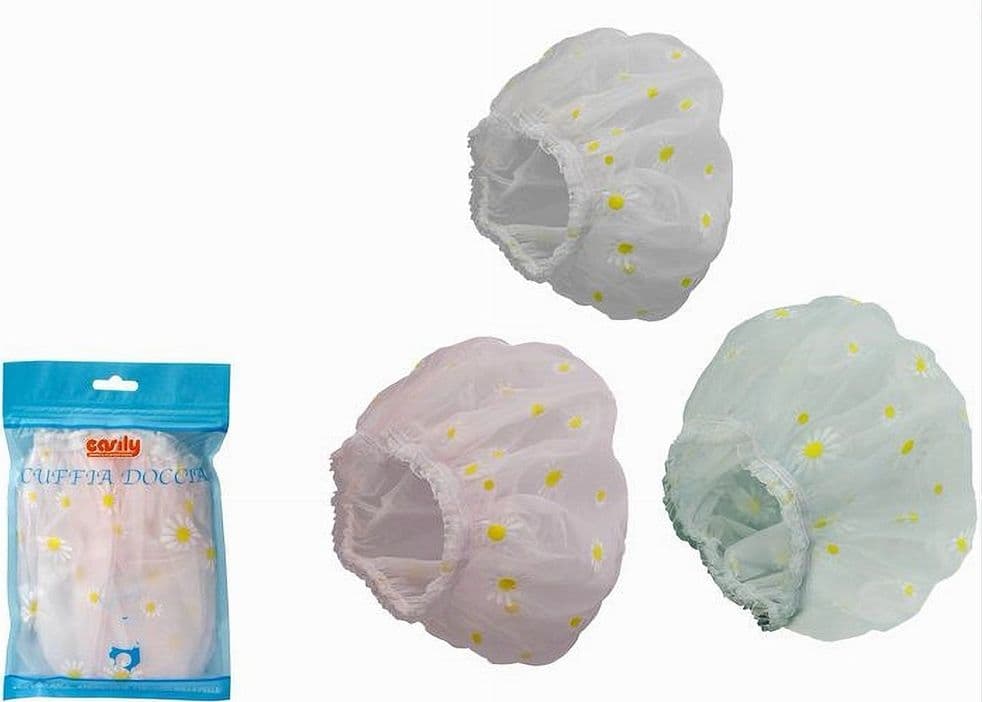SET 2 PZ CUFFIA PER DOCCIA BAGNO ELASTICO CON MARGHERITE PROTEGGE CAPELLI 79481 - 2