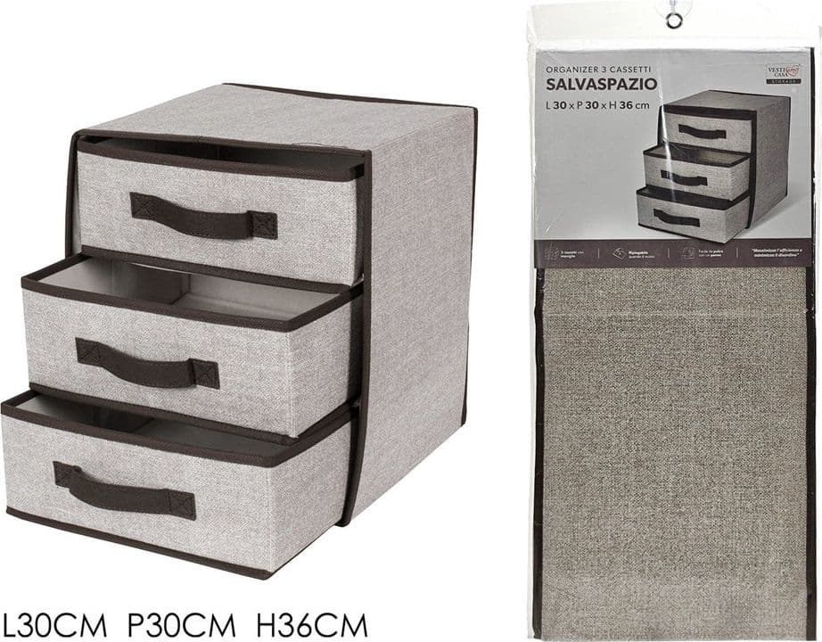 SCATOLA CONTENITORE CASSETTIERA IN TNT A 3 CASSETTI SALVASPAZIO PIEGHEVOLE 30X36 - 2