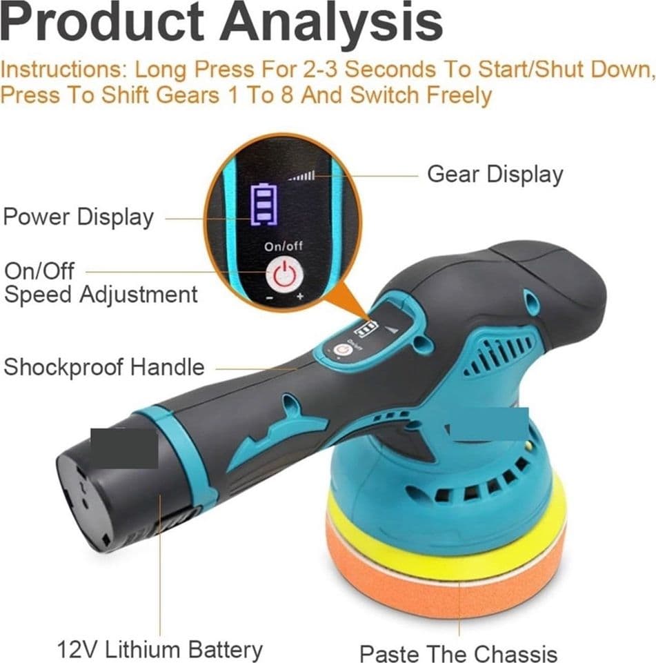LUCIDATRICE ROTORBITALE 2 BATTERIE 12 V 2000 MAH 8 VELOCITÀ LEVIGATRICE PER AUTO - 12