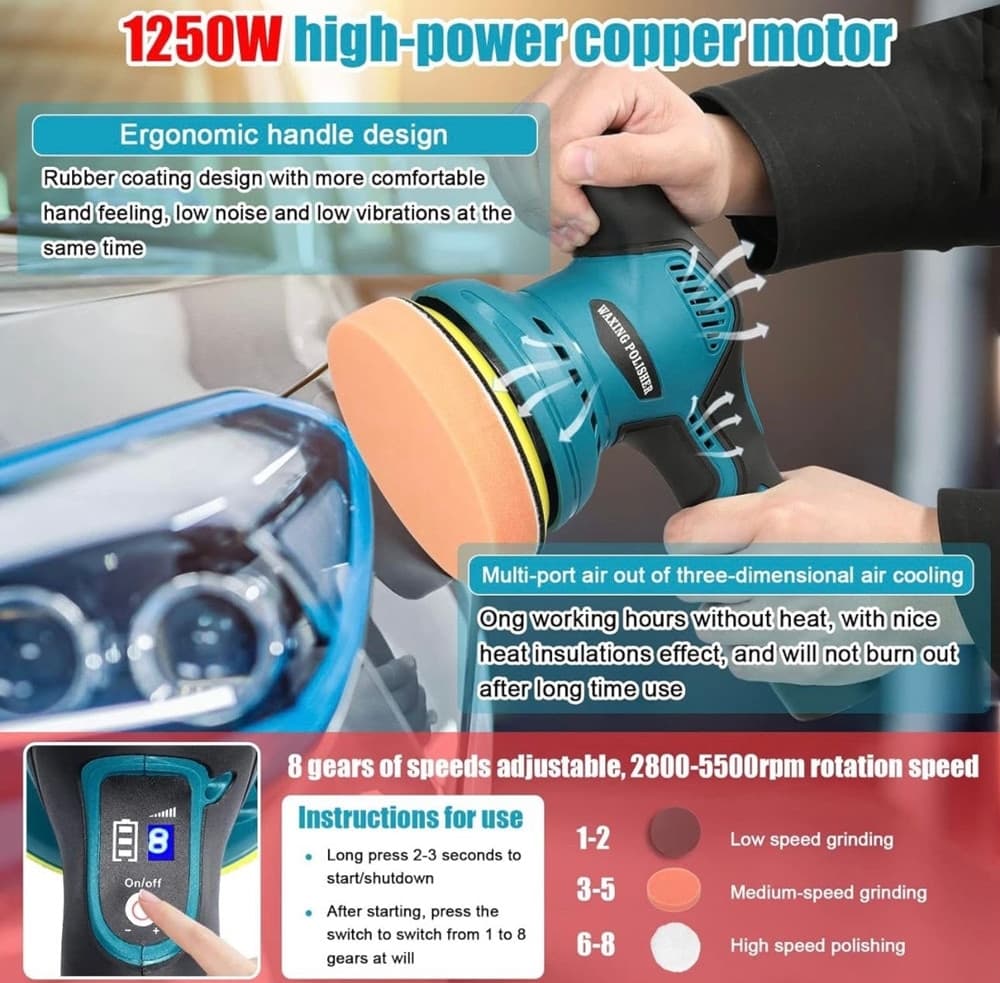 LUCIDATRICE ROTORBITALE 2 BATTERIE 12 V 2000 MAH 8 VELOCITÀ LEVIGATRICE PER AUTO - 10