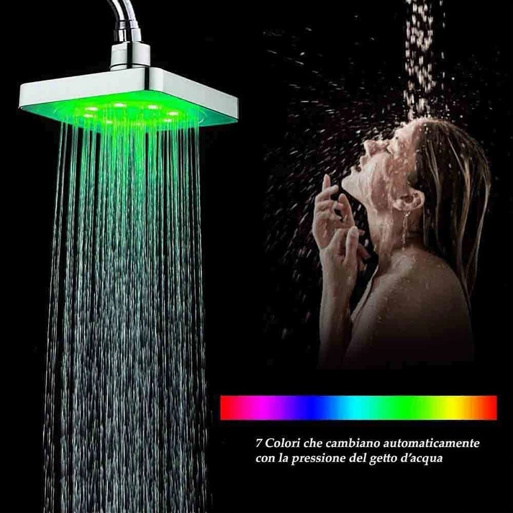 SOFFIONE DOCCIA QUADRATO 15CM A LED RGB BAGNO MISCELATORE 79903 PER CROMOTERAPIA - 7