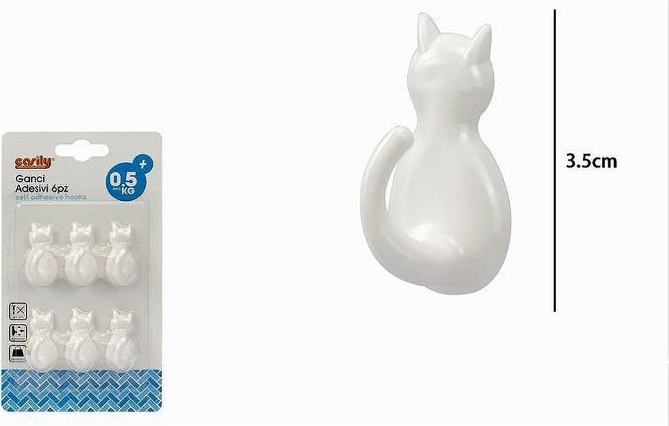 SET 6 PZ GANCI ADESIVI A FORMA DI GATTO BIANCHI PER CUCINA BAGNO DA PARETE 79347 - 5