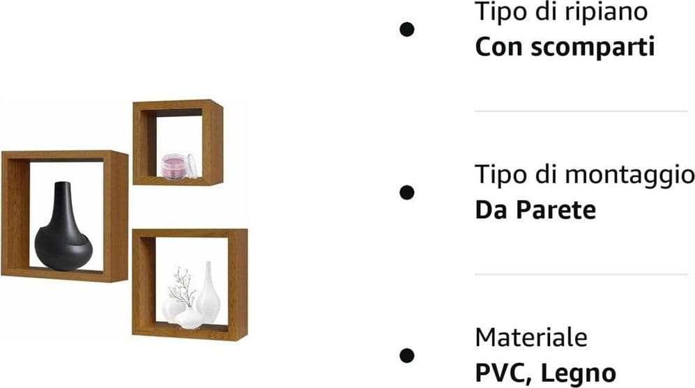 SET 3PZ MENSOLE DA PARETE A CUBO MODERNE DESIGN QUADRATO EFFETTO LEGNO 2 RIPIANI - 6
