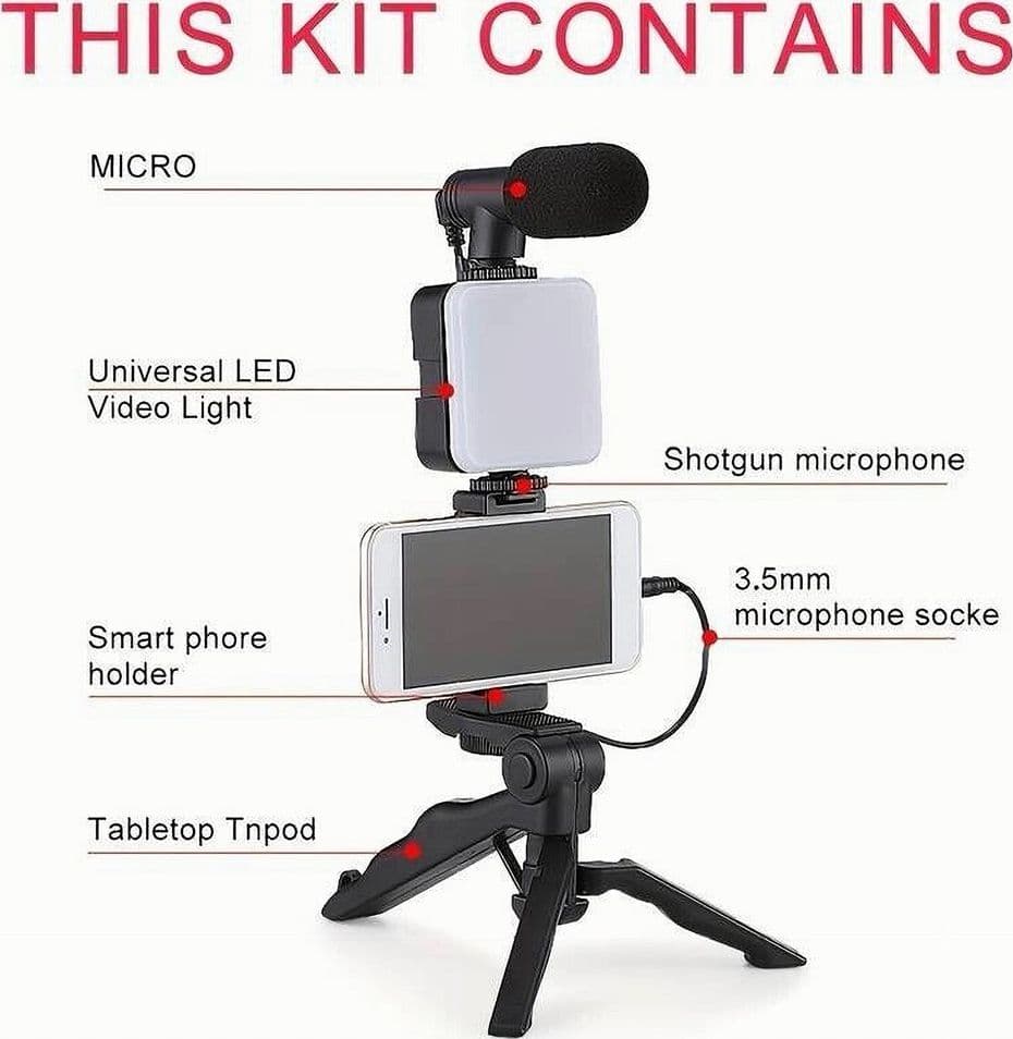 KIT VLOGGER PROFESSIONALE 4IN1 UNIVERSALE PER SMARTPHONE CON MICROFONO LUCE LED - 16