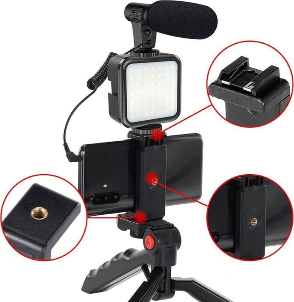 KIT VLOGGER PROFESSIONALE 4IN1 UNIVERSALE PER SMARTPHONE CON MICROFONO LUCE LED - 18
