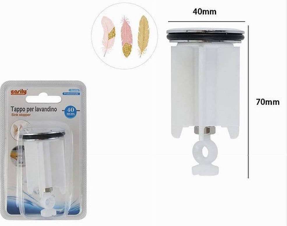 TAPPO LAVANDINO BAGNO LAVABO BIDET UNIVERSALE 40MM CON MOTIVO PIUME BIANCO 87274 - 2