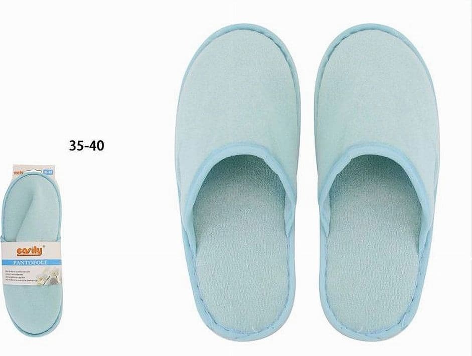 COPPIA PANTOFOLE CIABATTE BAGNO CHIUSE TESSUTO AZZURRO TAGLIA 35-40 STANZA 79688 - 2