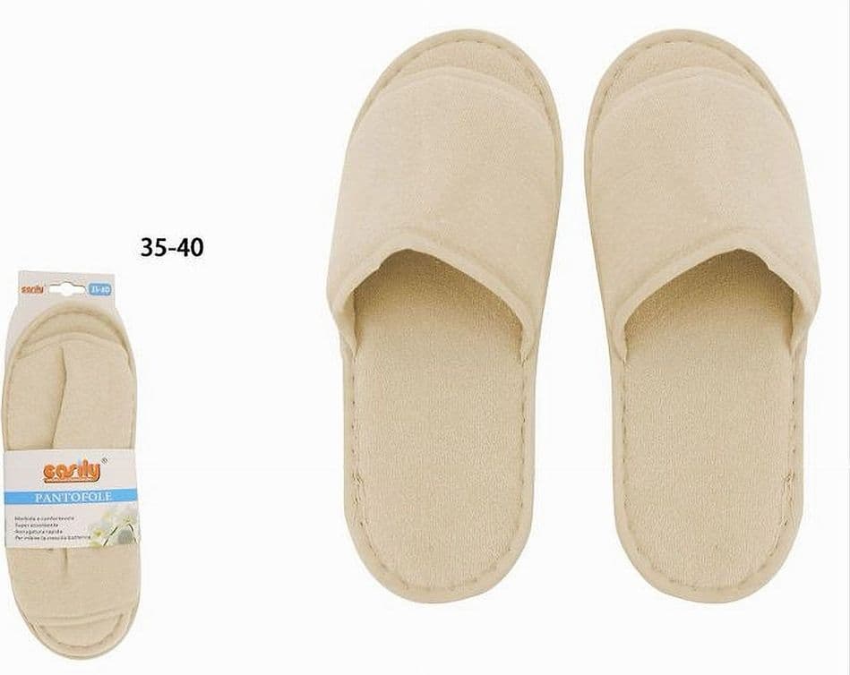 COPPIA PANTOFOLE CIABATTE BAGNO IN TESSUTO BEIGE TAGLIA 35-40 STANZA HOTEL 79675 - 2