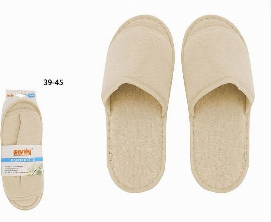 COPPIA PANTOFOLE CIABATTE BAGNO IN TESSUTO BEIGE TAGLIA 39-45 STANZA HOTEL 79681 - 2