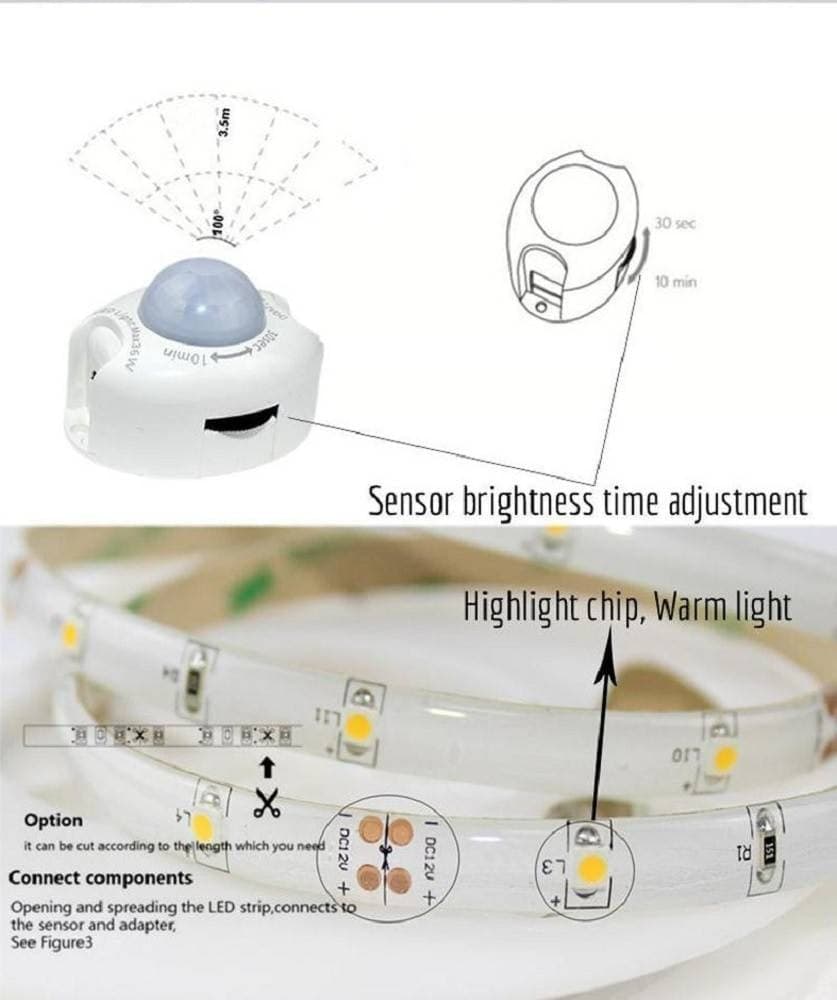 STRISCIA LED CON SENSORE DI MOVIMENTO LUCE BIANCA 6000K ARMADI BORDO LETTO 12V 0,5A - 7