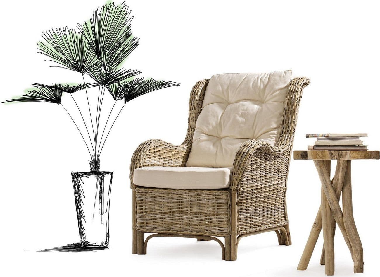 Poltrona "Sabine" con braccioli e con cuscini struttura in rattan da esterno in Poltrone Decor Space - Altamura, commercioVirtuoso.it