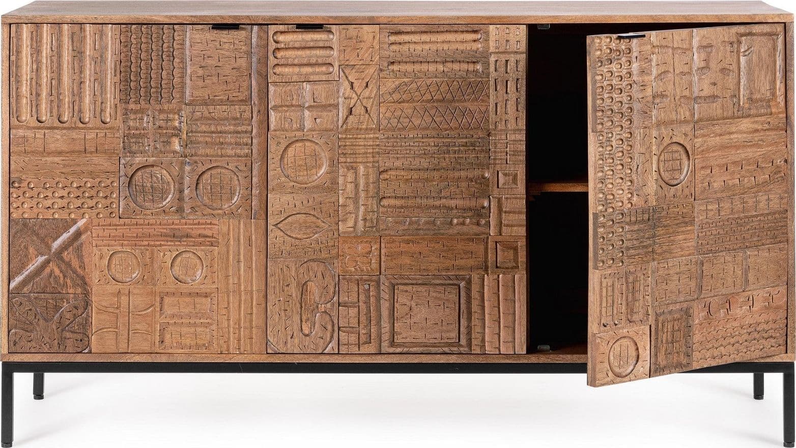 Cassettiera "Kindia" struttura in legno di mango massiccio con mensole e ante lavorate a mano in Credenze Decor Space - Altamura, commercioVirtuoso.it