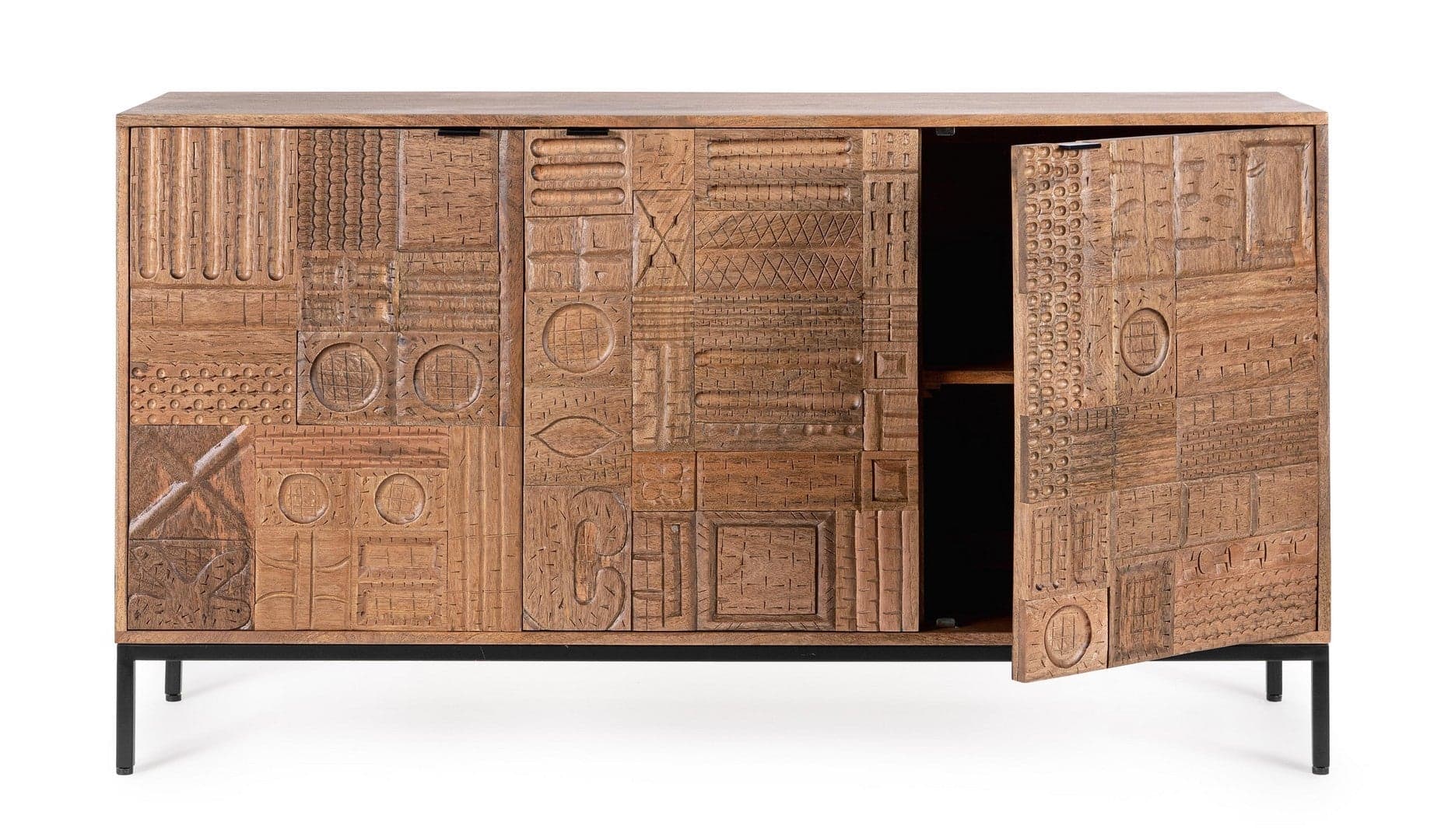Cassettiera "Kindia" struttura in legno di mango massiccio con mensole e ante lavorate a mano in Credenze Decor Space - Altamura, commercioVirtuoso.it