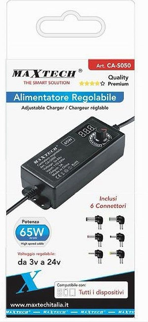 ALIMENTATORE CARICATORE REGOLABILE 65 W 3A DA 3V A 24V CON 6 CONNETTORI CA-S050 - 3