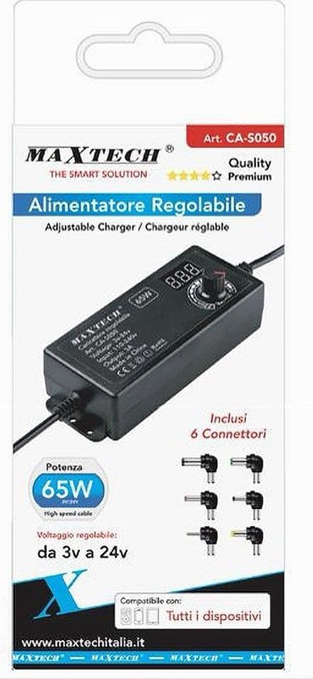 ALIMENTATORE CARICATORE REGOLABILE 65 W 3A DA 3V A 24V CON 6 CONNETTORI CA-S050 - 3