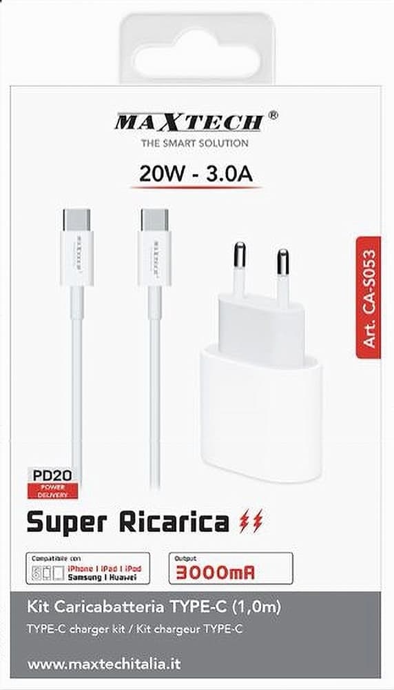KIT CARICABATTERIA CARICATORE CAVO 1 MT TYPE-C PD 20 WATT 3A SMARTPHONE CA-S053 - 3