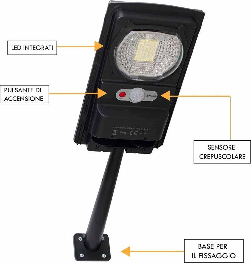 FARO LUCE SOLARE LED 54LED 15W IP65 SENSORE CREPUSCOLARE STAFFA MURO IMPERMEABILE - 6