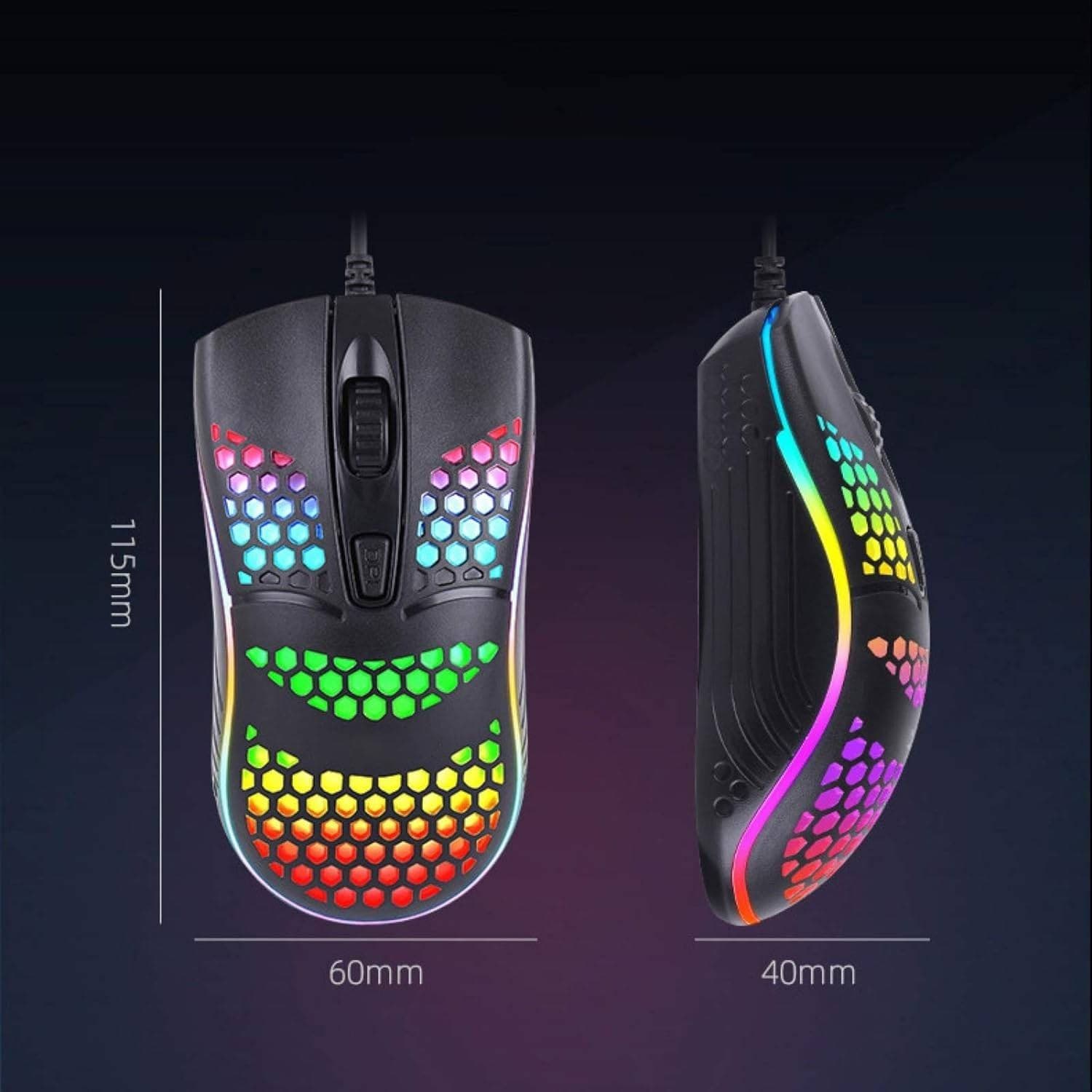 MOUSE GAMING CON FILO LEGGERO LUCI A LED MULTICOLOR EFFETTO TRAFORATO PER PC - 9