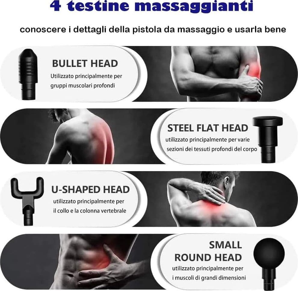 PISTOLA MASSAGGIATORE MUSCOLARE REGOLABILE CON 4 TESTINE PER ALLEVIARE DOLORE - 7