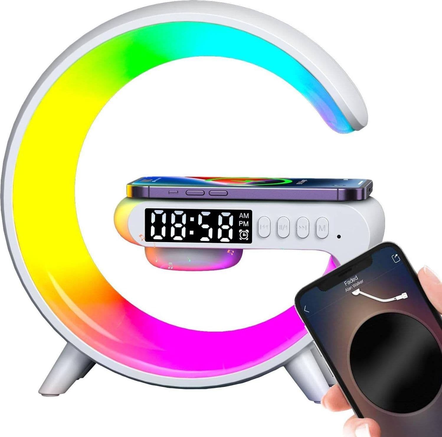 LAMPADA A FORMA DI G MULTICOLOR CON CASSA SPEACKER E CARICABATTERIA AD INDUZIONE - 9