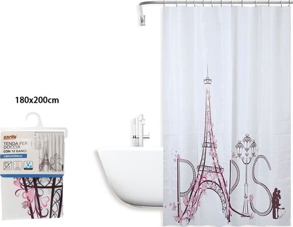 TENDA DOCCIA ANTIMUFFA IMPERMEABILE 180X200CM CON ANELLI BAGNO SCRITTA PARIS 87048 - 2