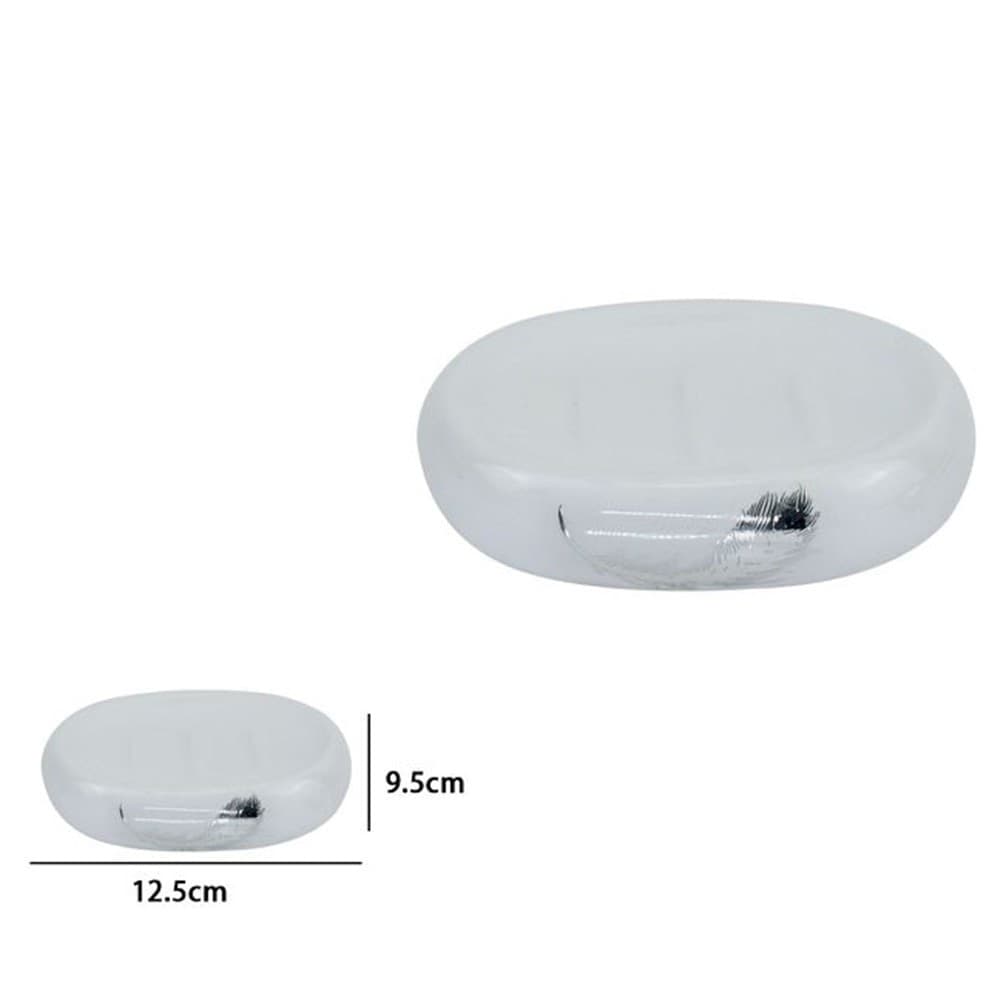 PIATTINO PER SAPONE SAPONETTA CERAMICA BIANCA DECORATO PIUMA ARGENTO BAGNO 59900 - 2