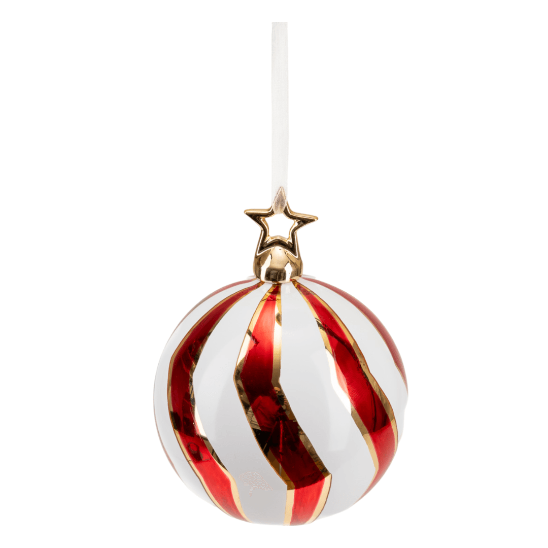 Pallina in vetro colore rosso e bianco con stella per albero di Natale