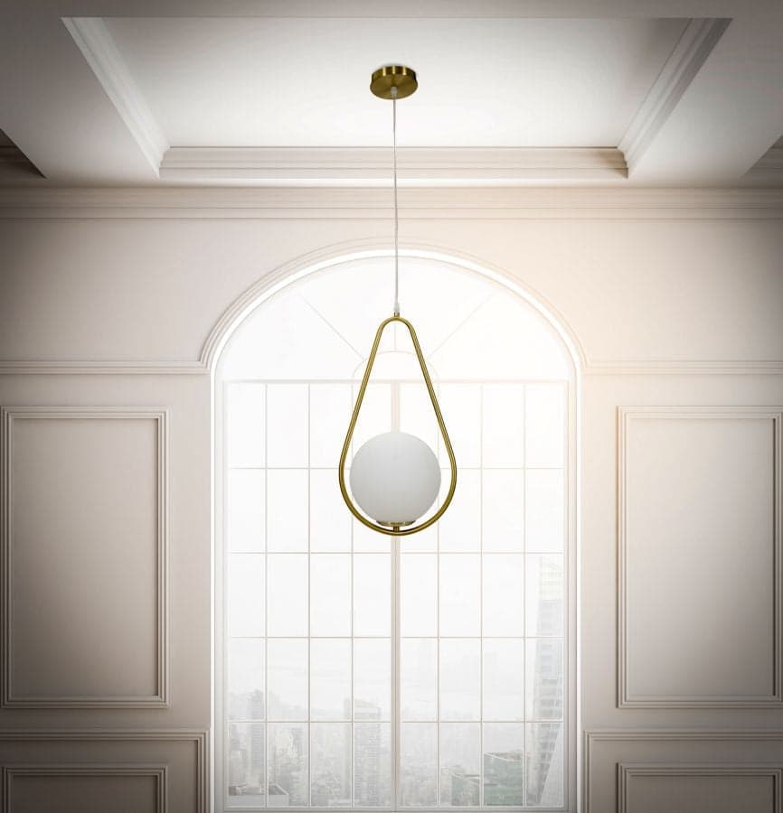 Lampadario "Glamy" struttura in metallo color oro e vetro bianco per interni - 9