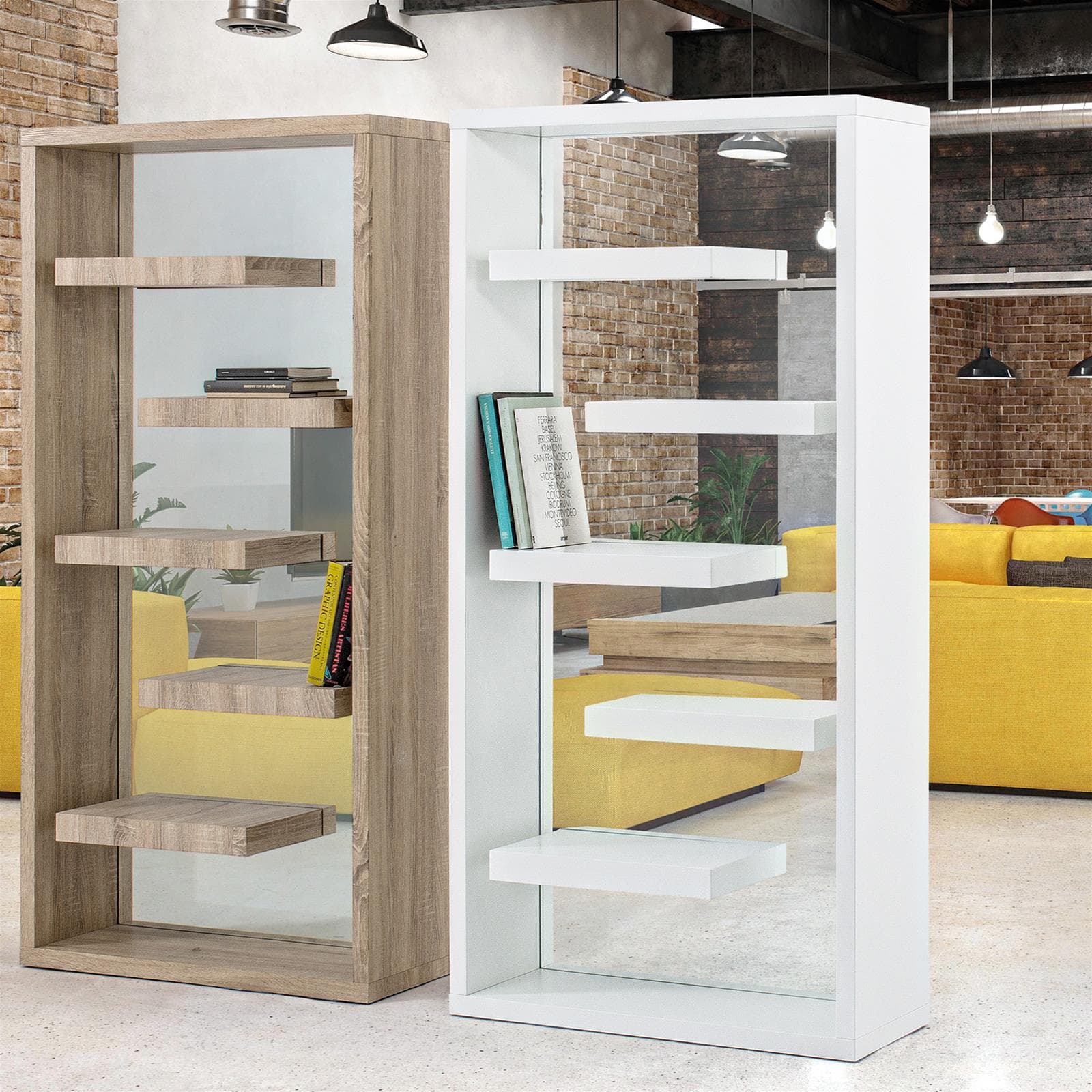LIBRERIA BILBAO IN LEGNO E VETRO MODERNA MENSOLA DI DESIGN PER UFFICIO E CAMERETTA (GRIGIO)