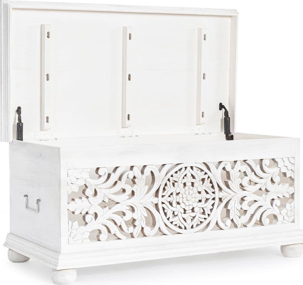 Mobile cassapanca "Alinta" con struttura in legno di mango con decorazioni in Panche contenitore Decor Space - Altamura, commercioVirtuoso.it