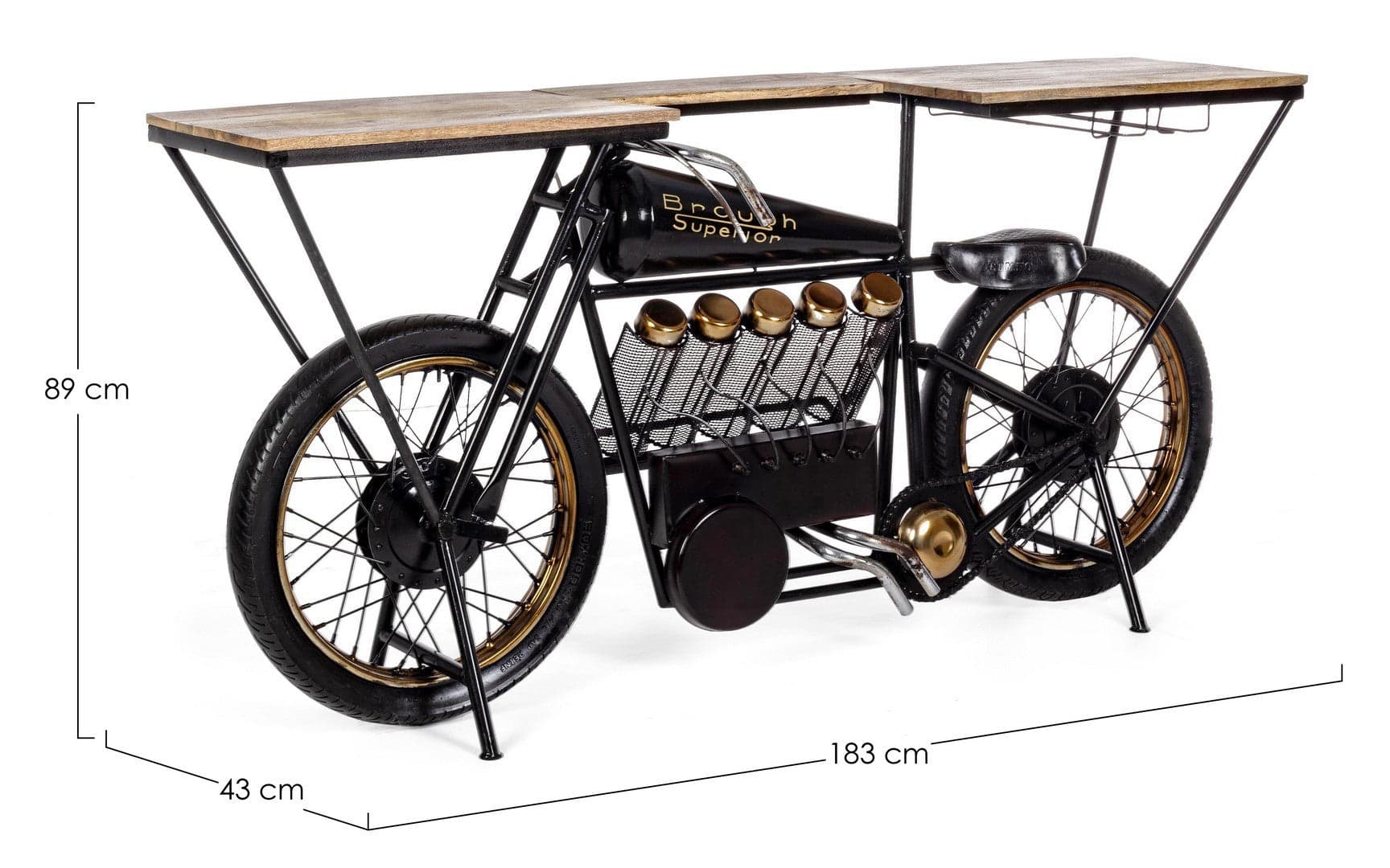 Consolle da bar "Moto Replica" moderno con piano in legno, ruote, 183 x 43 x 89 cm in Tavoli da bar Decor Space - Altamura, commercioVirtuoso.it