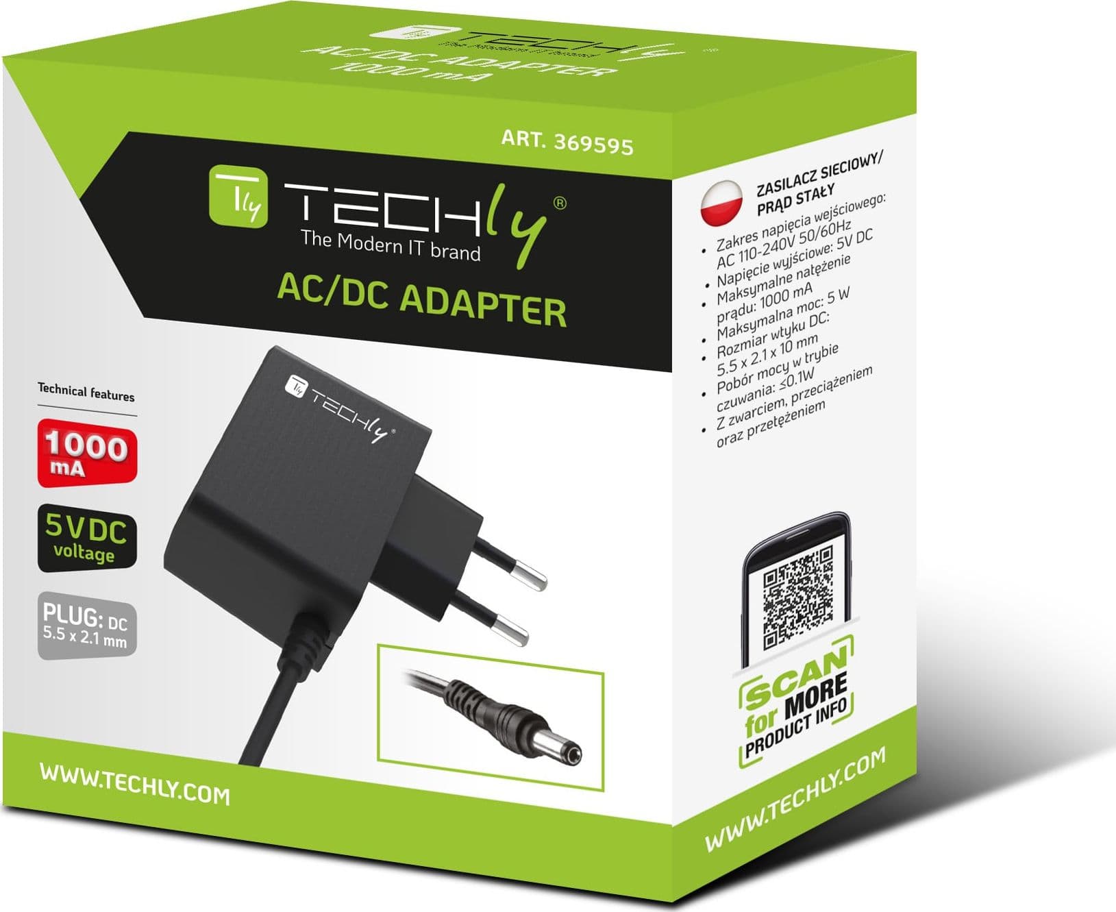 Alimentatore AC/DC 5V 1A Plug 5.5x2.1 mm Slim Nero - 15