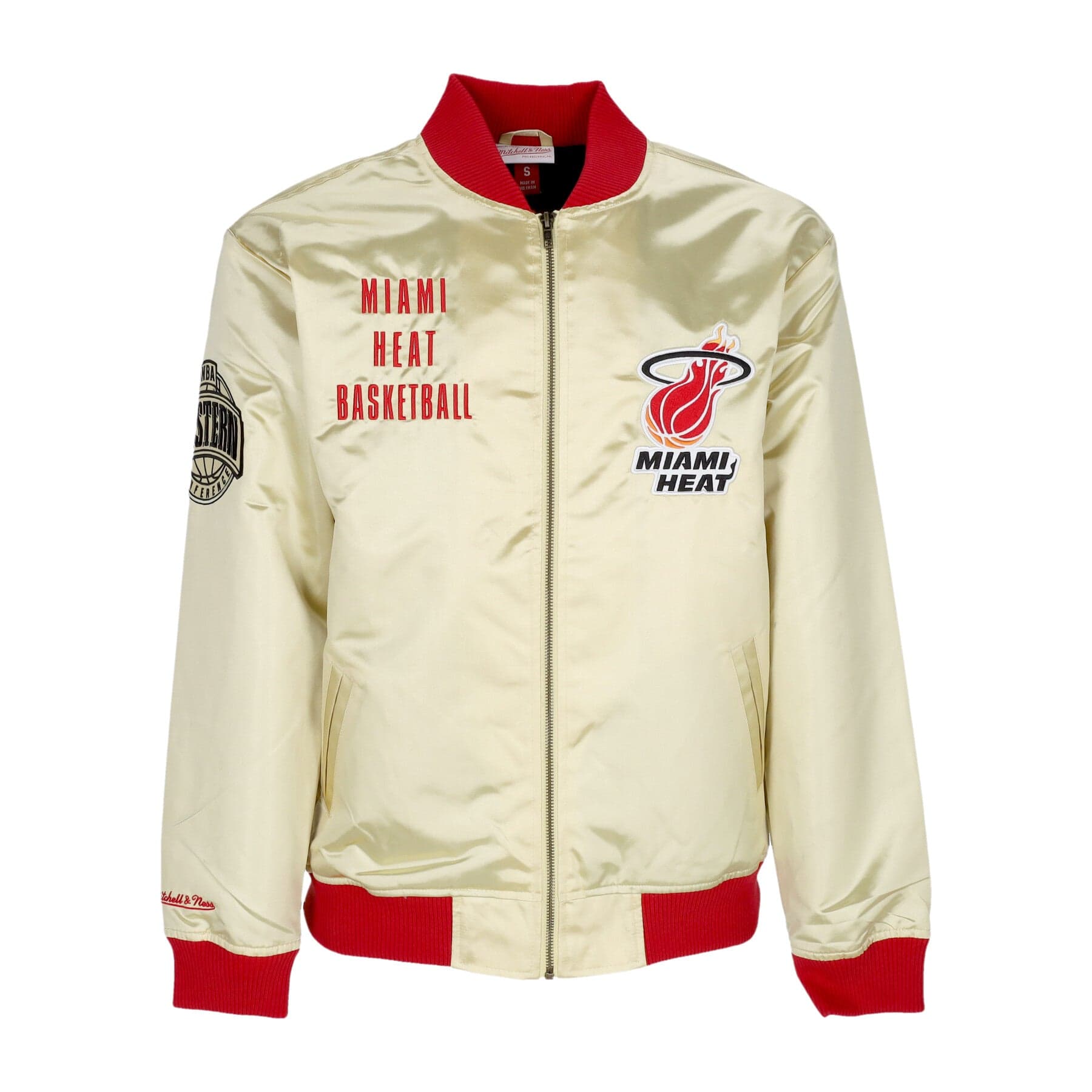 MITCHELL &amp; NESS Giubbotto Bomber Uomo Nba Team Og 2.0 Lightweight Satin Jacket Vintage Logo Miahea Gold - 3