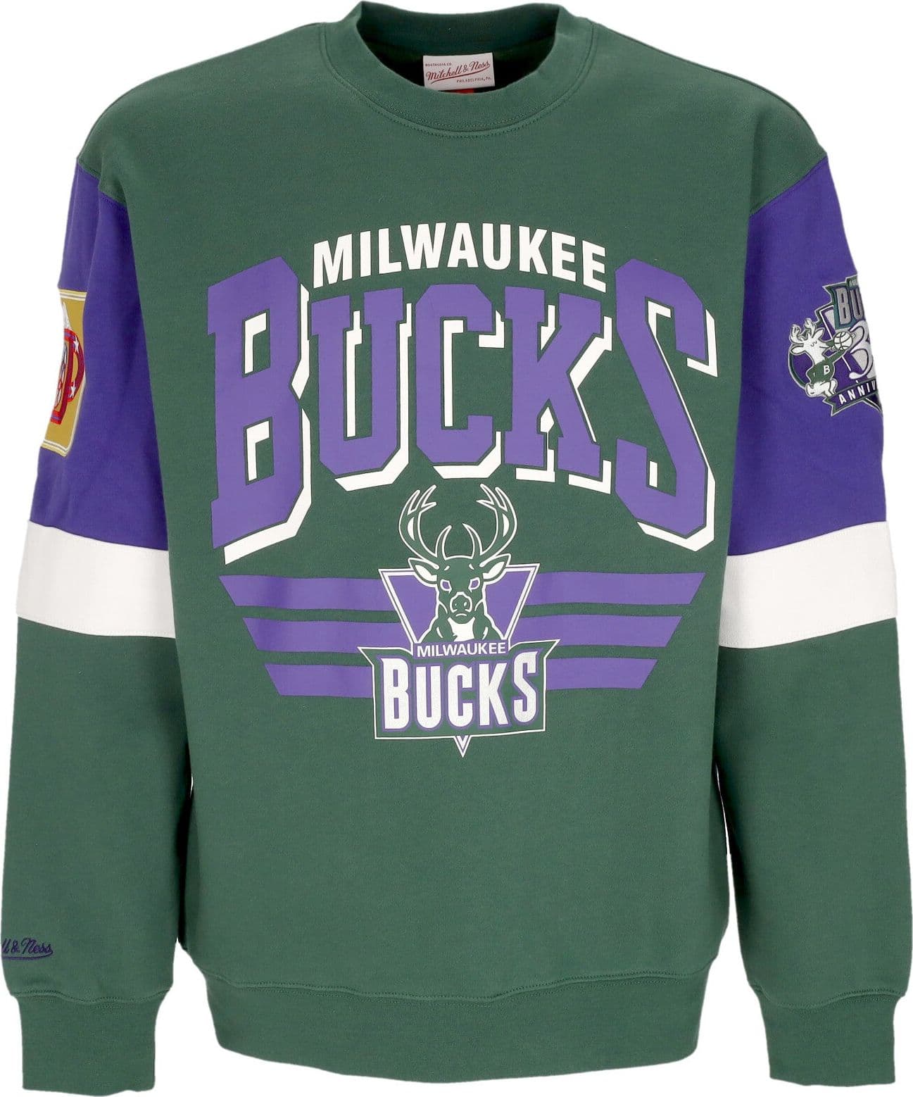 MITCHELL &amp; NESS Felpa Girocollo Uomo Nba All Over Crew 3.0 Milbuc Original Team Colors – XL – Mitchell & Ness