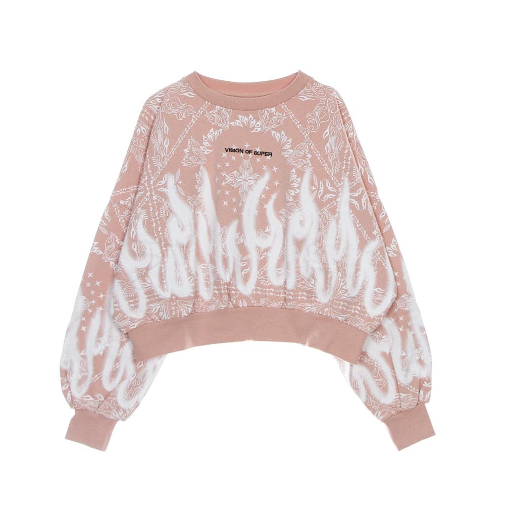 VISION OF SUPER Felpa Leggera Girocollo Corta Donna Crop Hoodie Bandana Print Pink – maglia