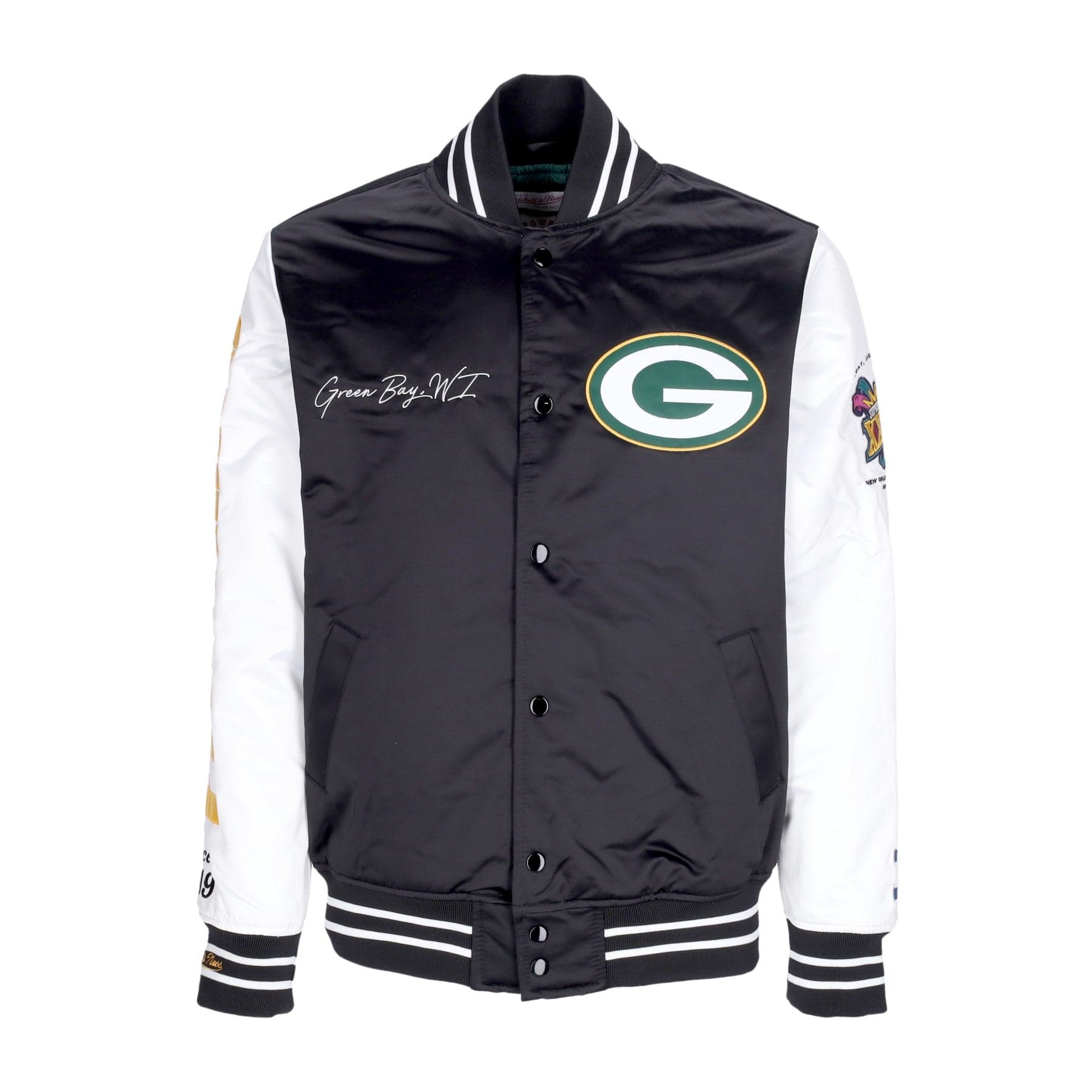 MITCHELL &amp; NESS Giubbotto Bomber Uomo Nfl Team Origins Varsity Satin Jacket Grepac Black/white - 9