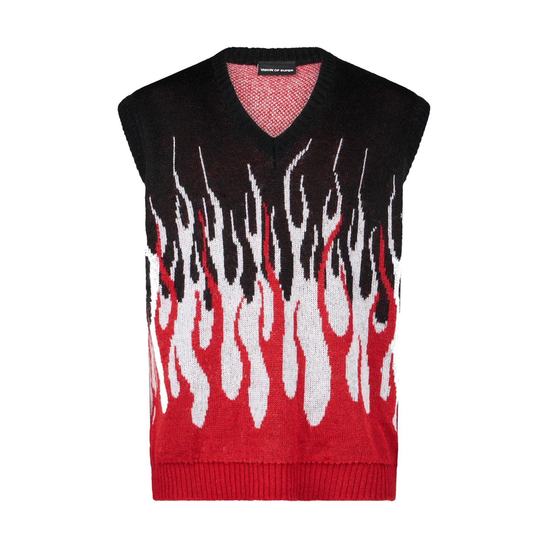 VISION OF SUPER Pullover Smanicato Uomo Jacquard Flames Gilet Black/white/red - 3