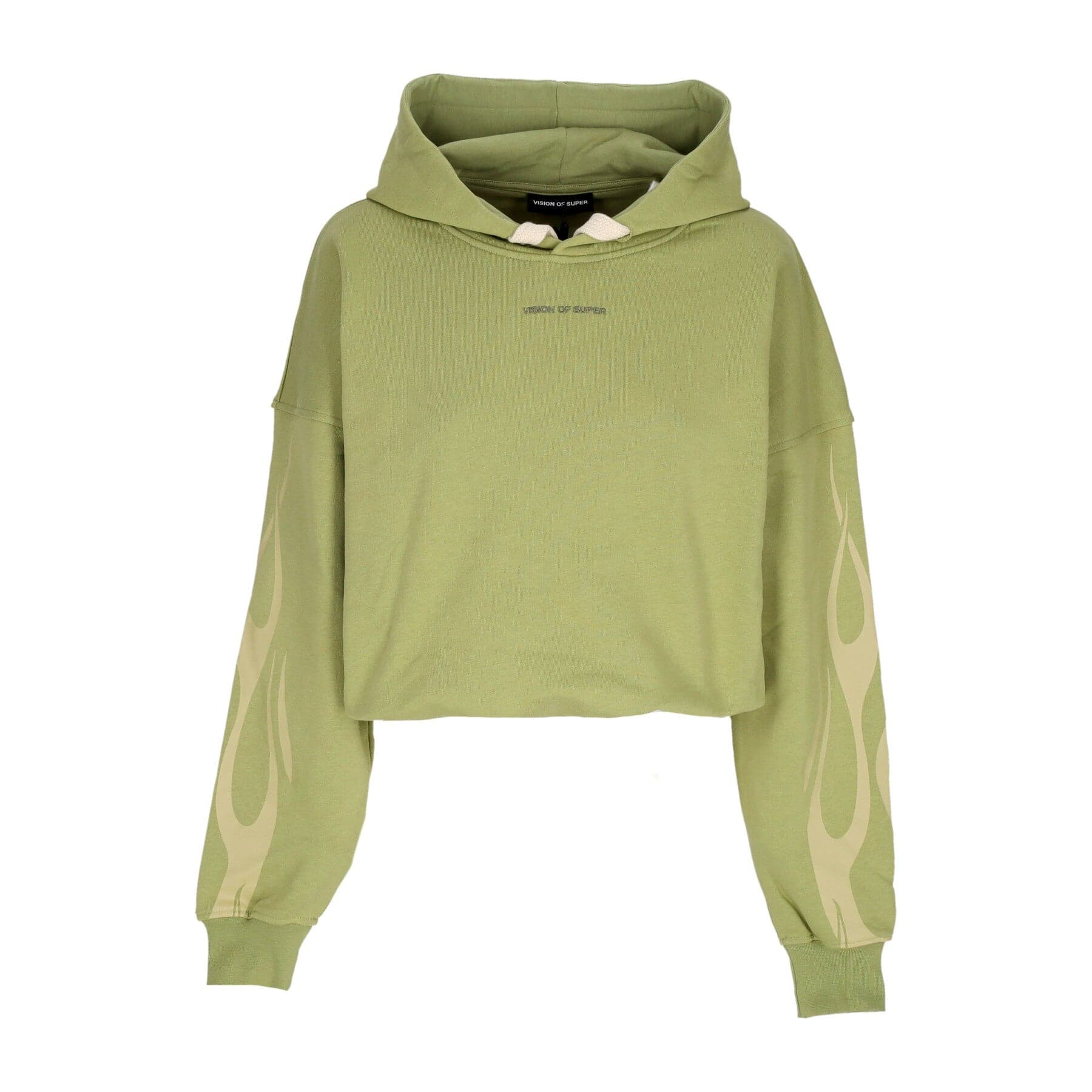 VISION OF SUPER Felpa Leggera Cappuccio Corta Donna Flames Crop Hoodie Green/off White - 5