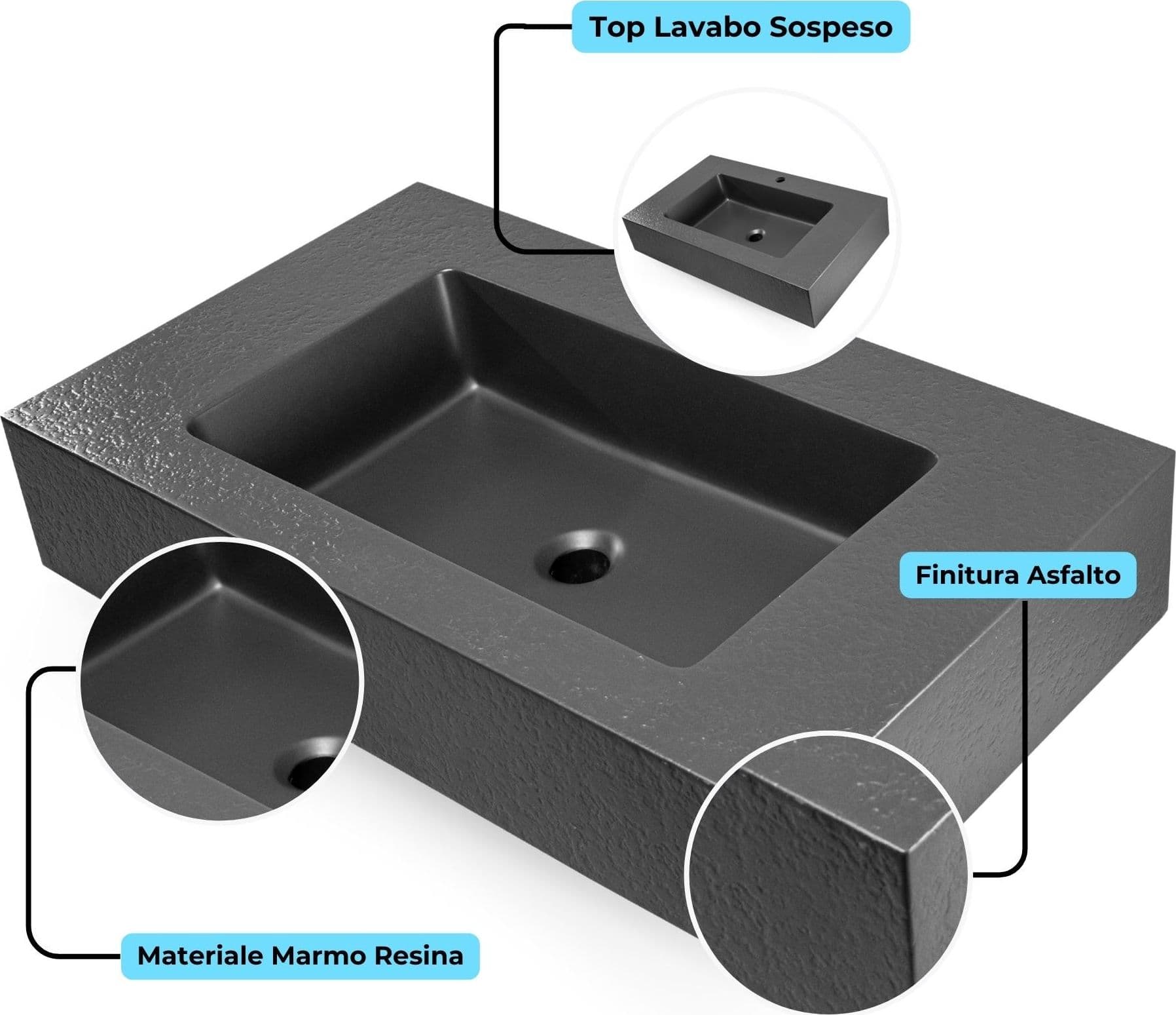 Ogomondo Top Lavabo Sospeso in Materiale Marmo Resina Finitura Asfalto - 21