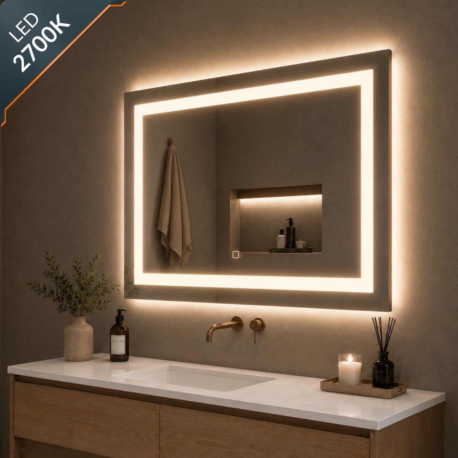 Specchio Rettangolare Led Con Interruttore Touch E Cornice In Alluminio - 33