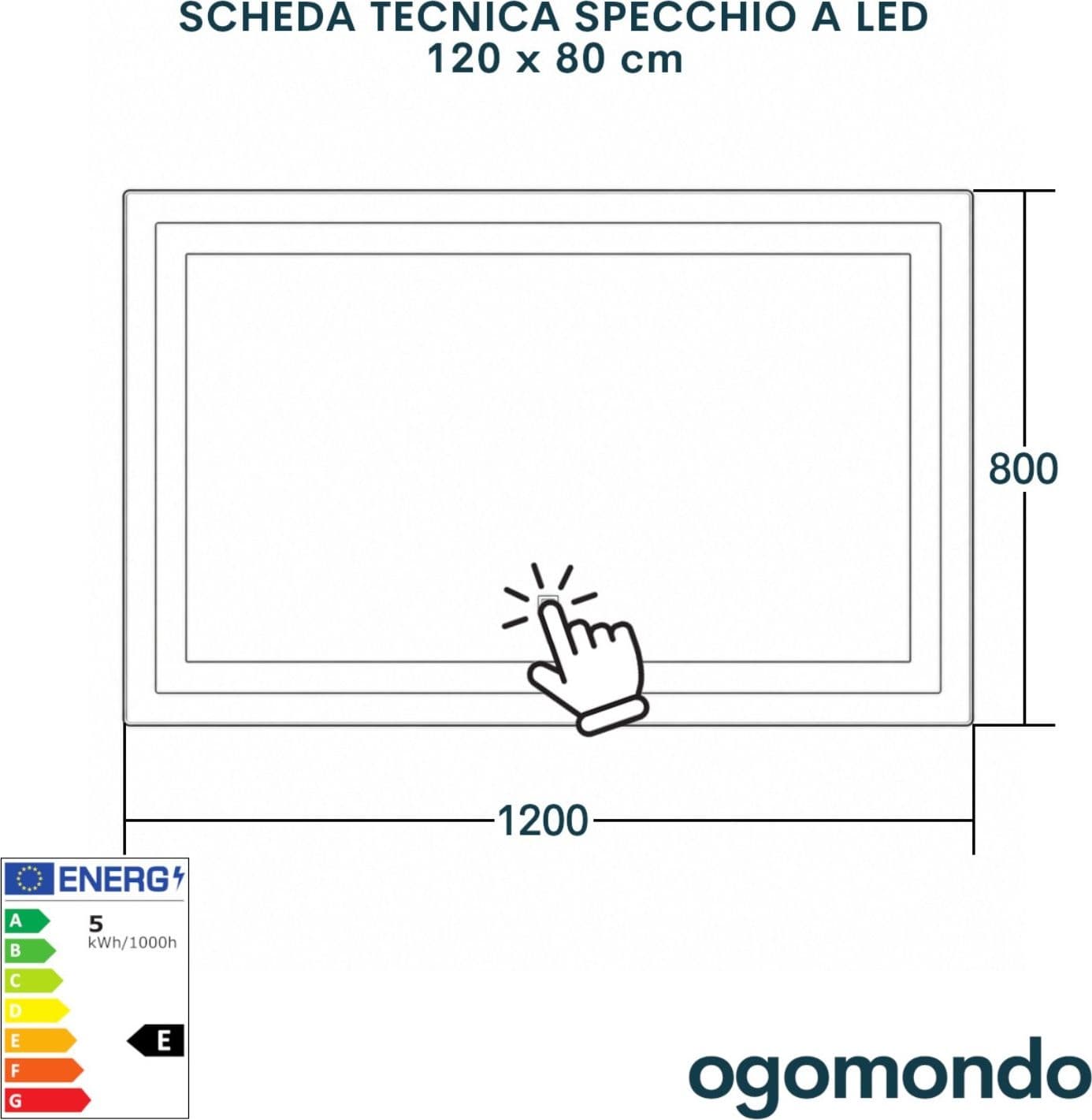 Specchio Rettangolare Led Con Interruttore Touch E Cornice In Alluminio - 44