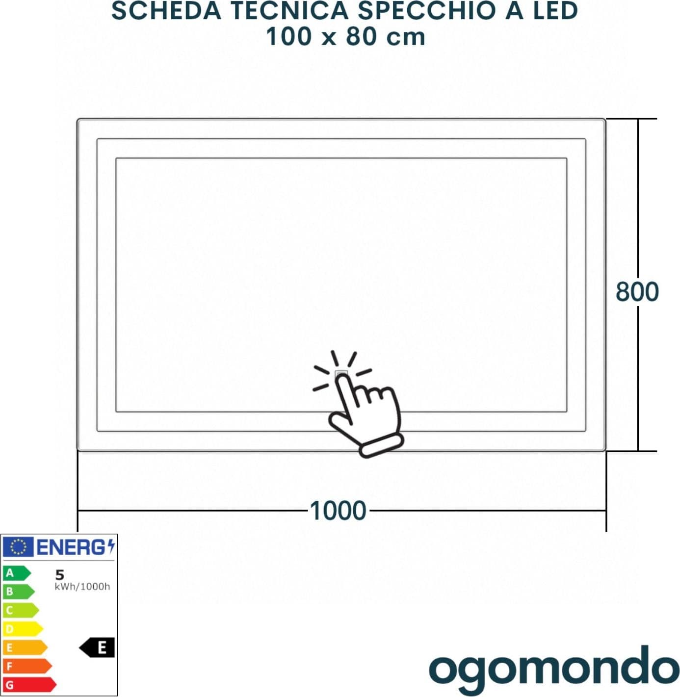 Specchio Rettangolare Led Con Interruttore Touch E Cornice In Alluminio - 47