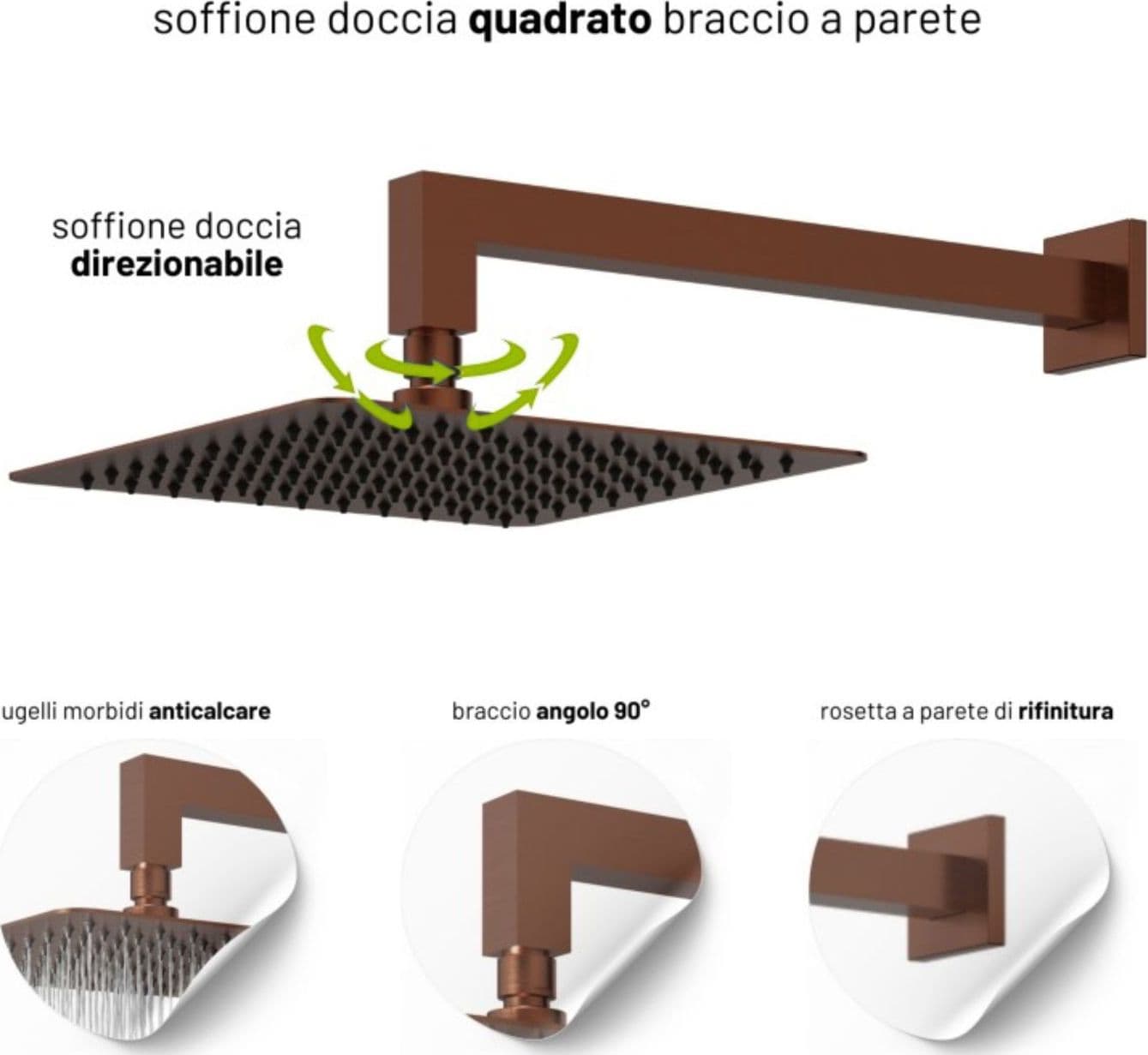 Set Per Doccia Soffione Quadro In Acciaio Inox 25x25 Millimetri Color Oro Rosa - 2