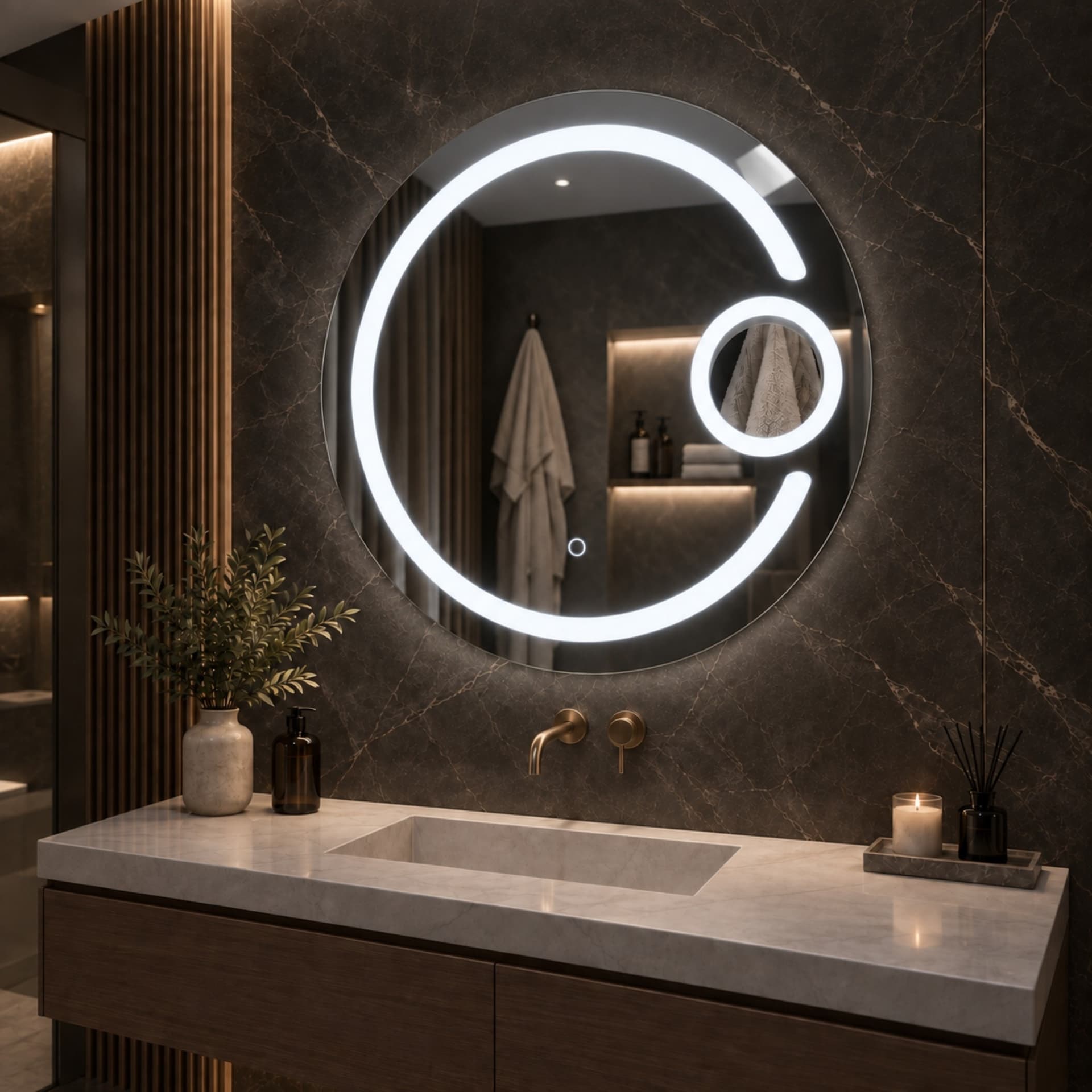 Specchio-5-mm-Tondo-Cornice-Led-Interruttore-Touch-PVC-MDF