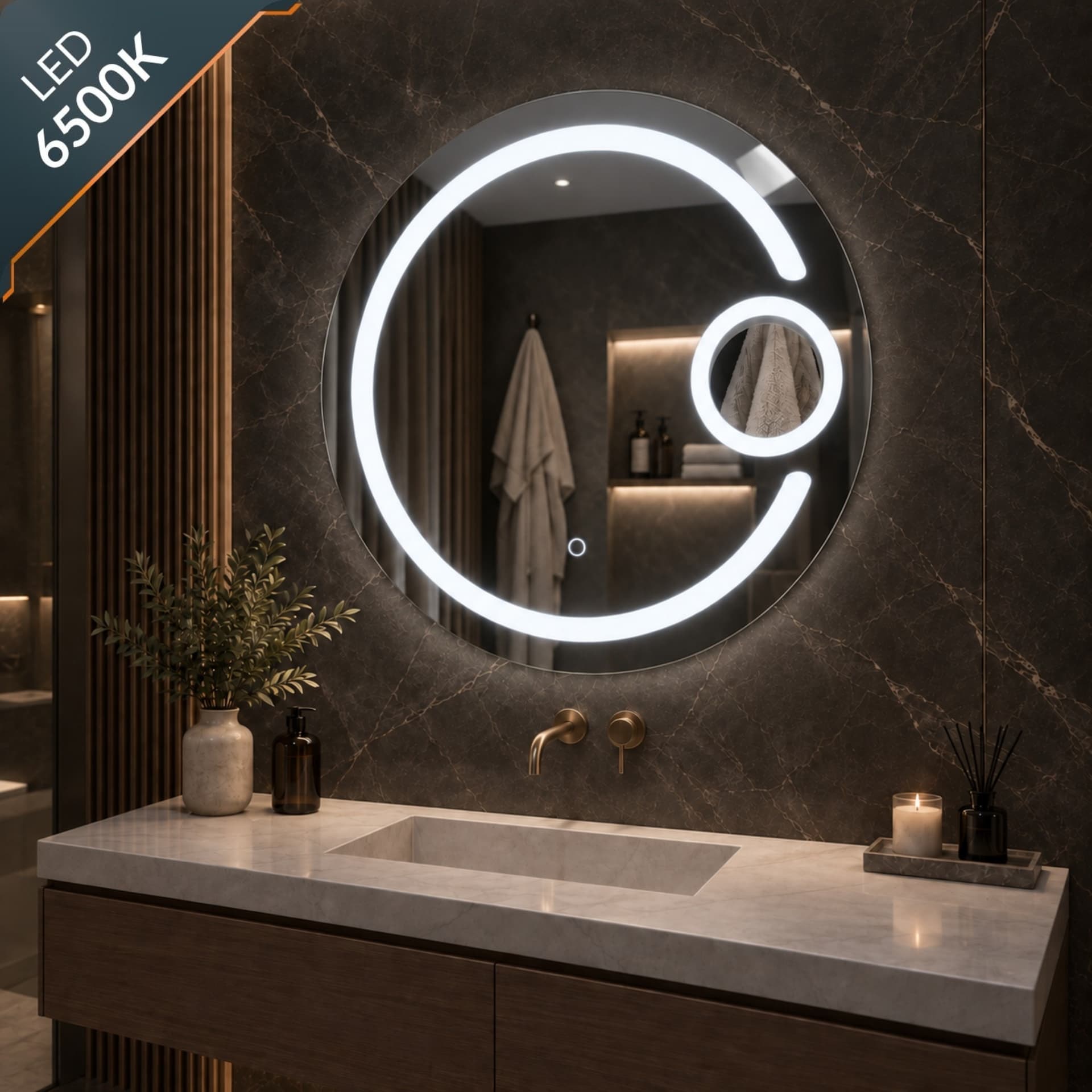 Specchio 5 mm Tondo Cornice Led Interruttore Touch PVC MDF - 4
